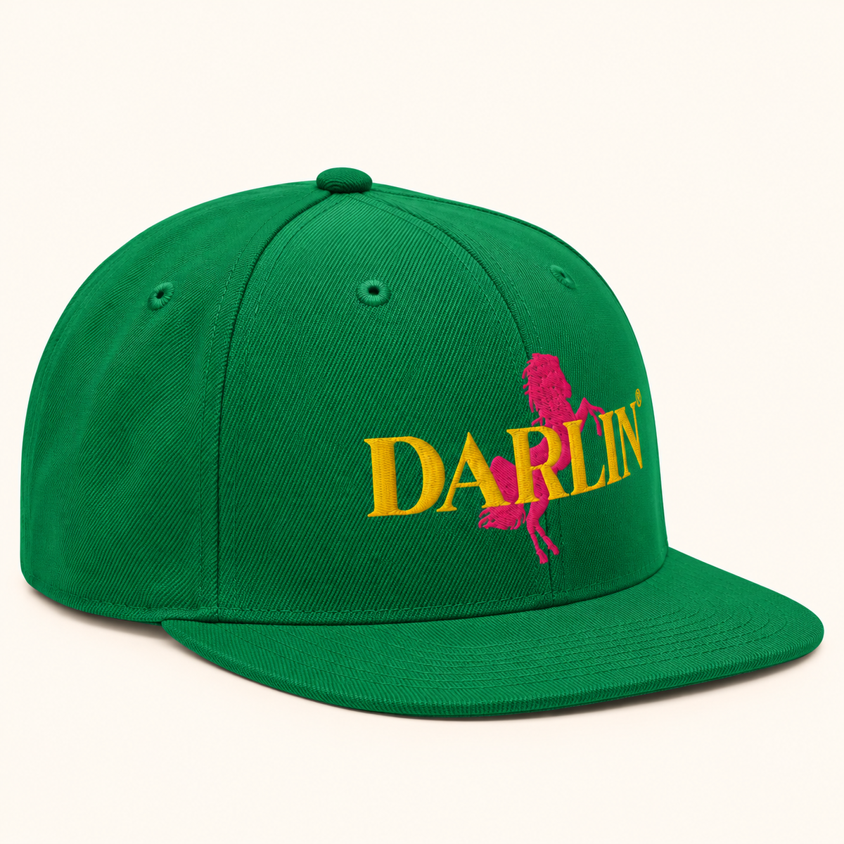 Alternate view of green DARLIN® RIDE snapback hat with pink horse embroidery and gold DARLIN® wordmark