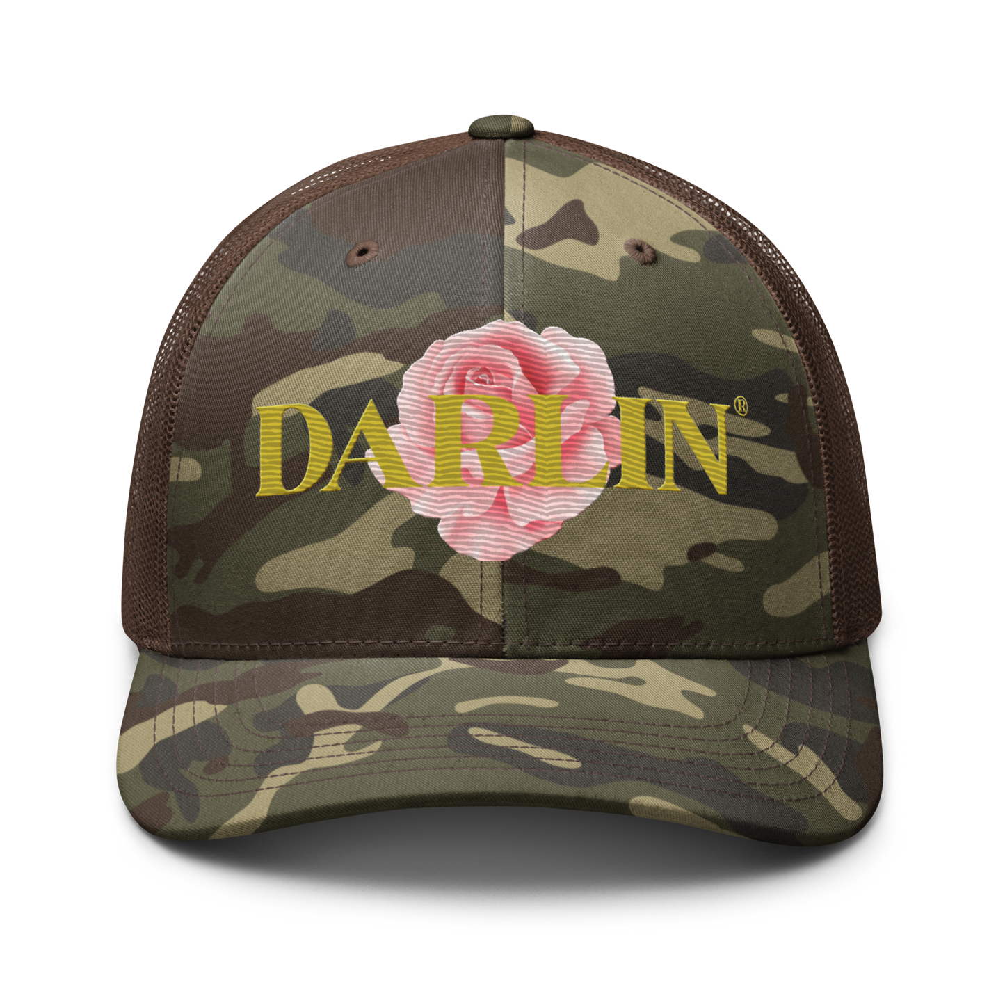 Close-up of Darlin® Rose Camouflage Trucker Hat featuring exclusive Darlin® logo.