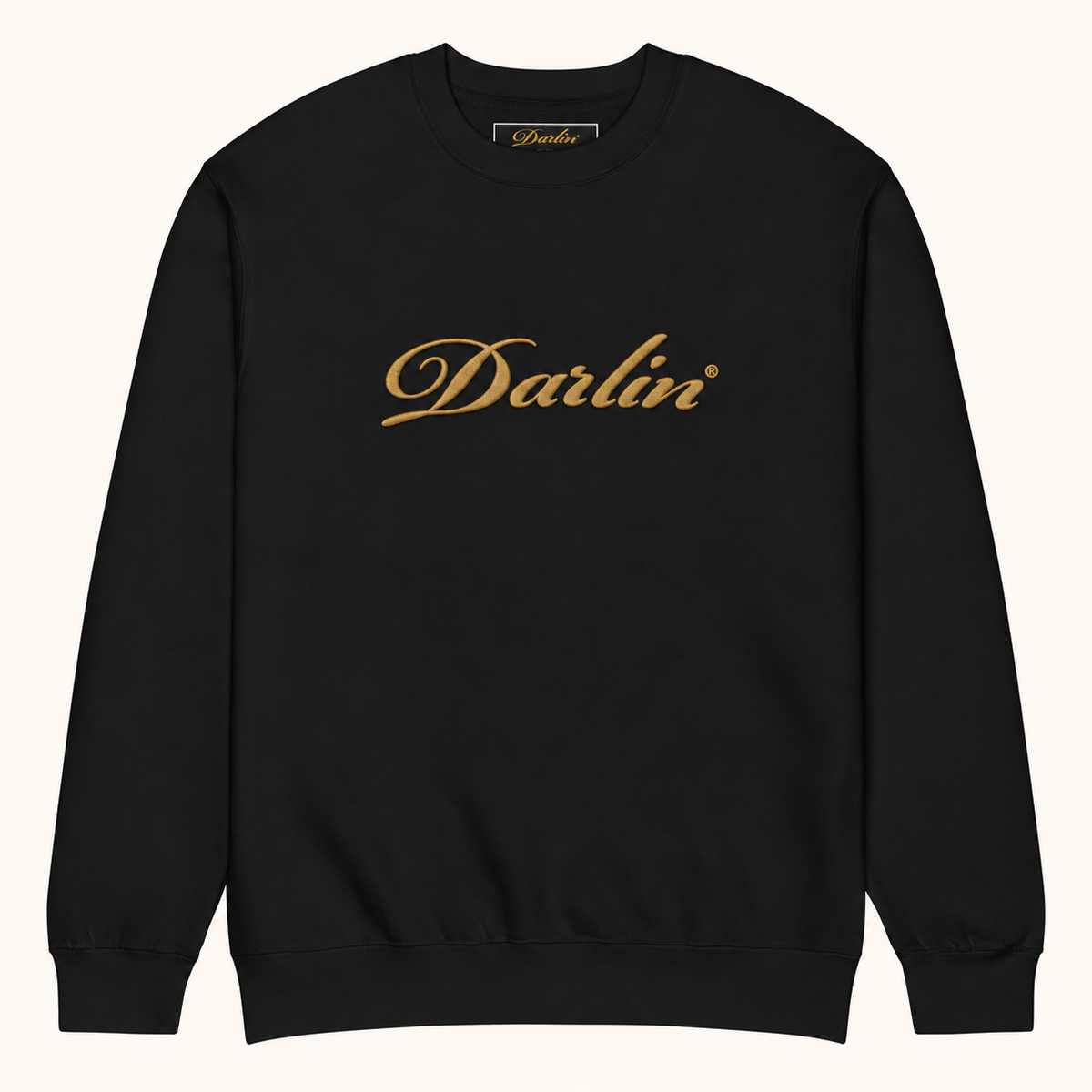 Black DARLIN® crewneck sweatshirt with Vintage Gold embroidered script logo, front view