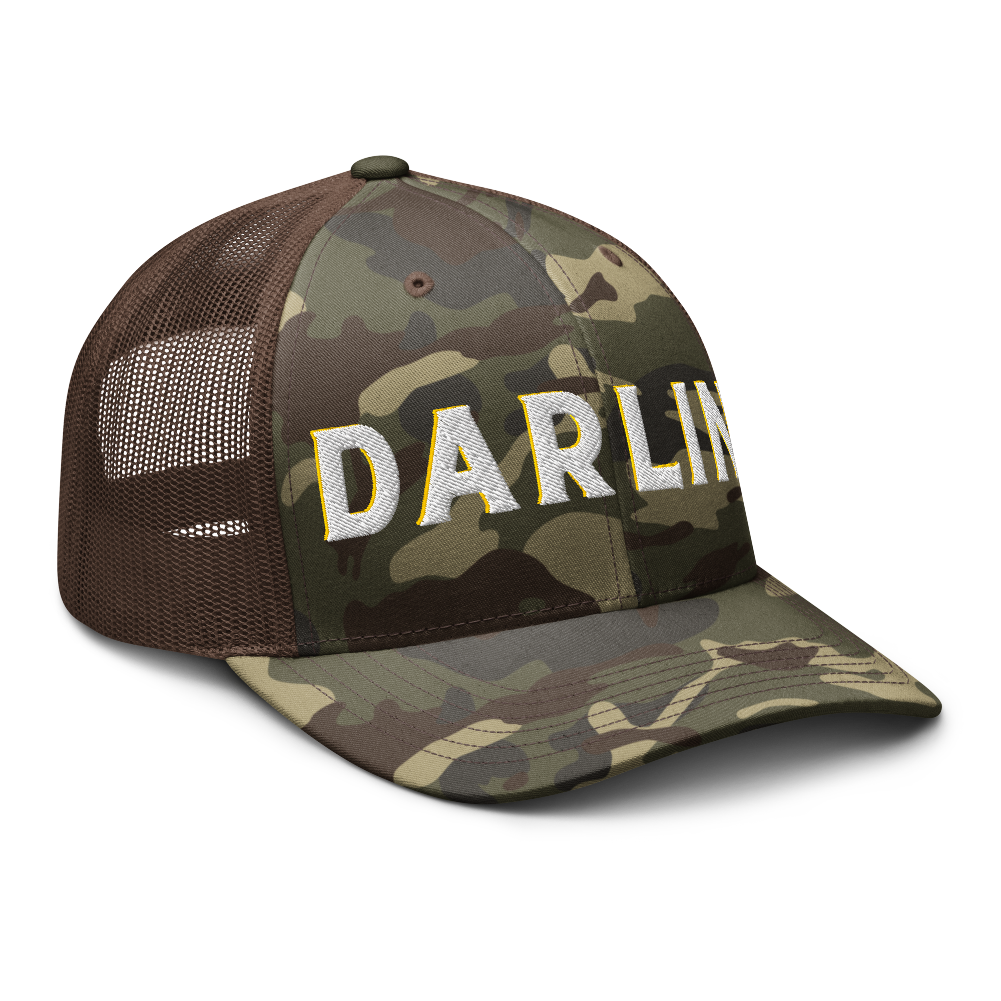 DARLIN® Camo Trucker Hat angled view with brown mesh back