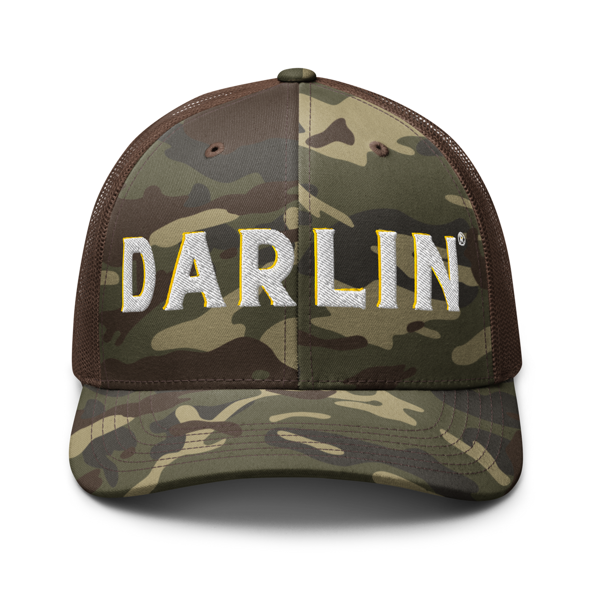 DARLIN® Camo Trucker Hat front view with embroidered logo