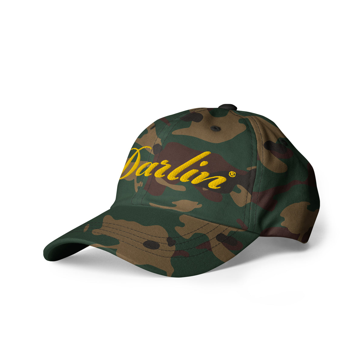 Side view of DARLIN® Original Script Camo Hat