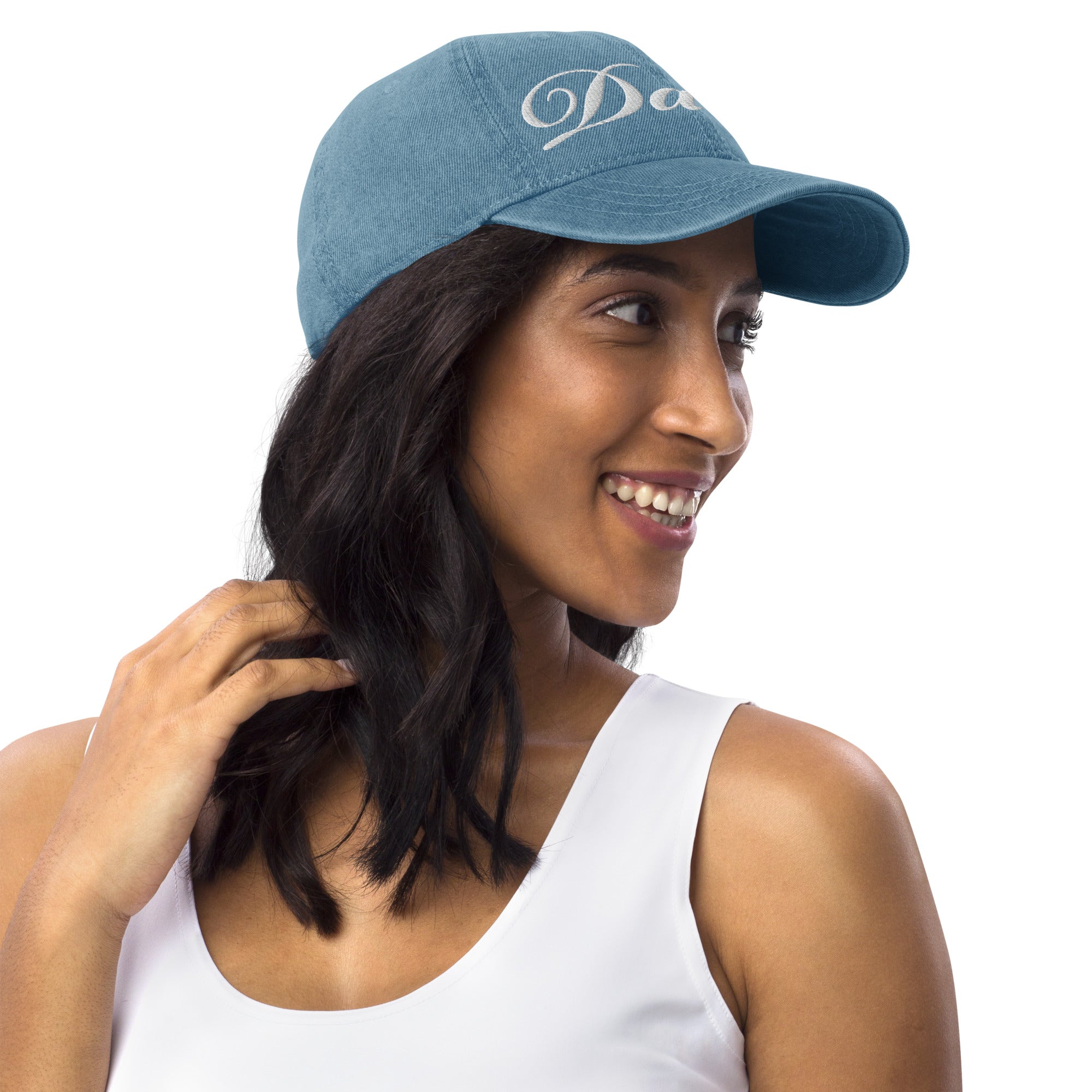 Side view of DARLIN® Original Script Denim Hat