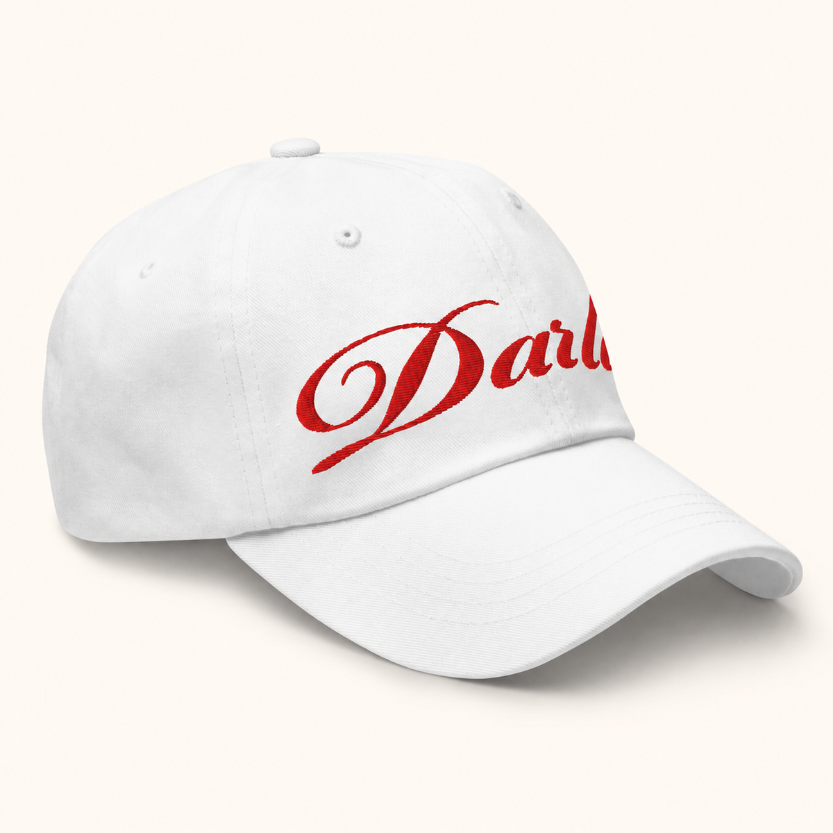 DARLIN® Original Script White Hat with red embroidery – angled view