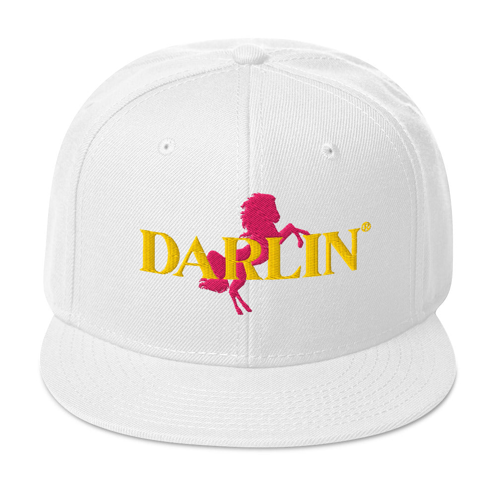 ProductWhite DARLIN® Ride Snapback Hat with gold DARLIN® embroidery and pink horse mockup