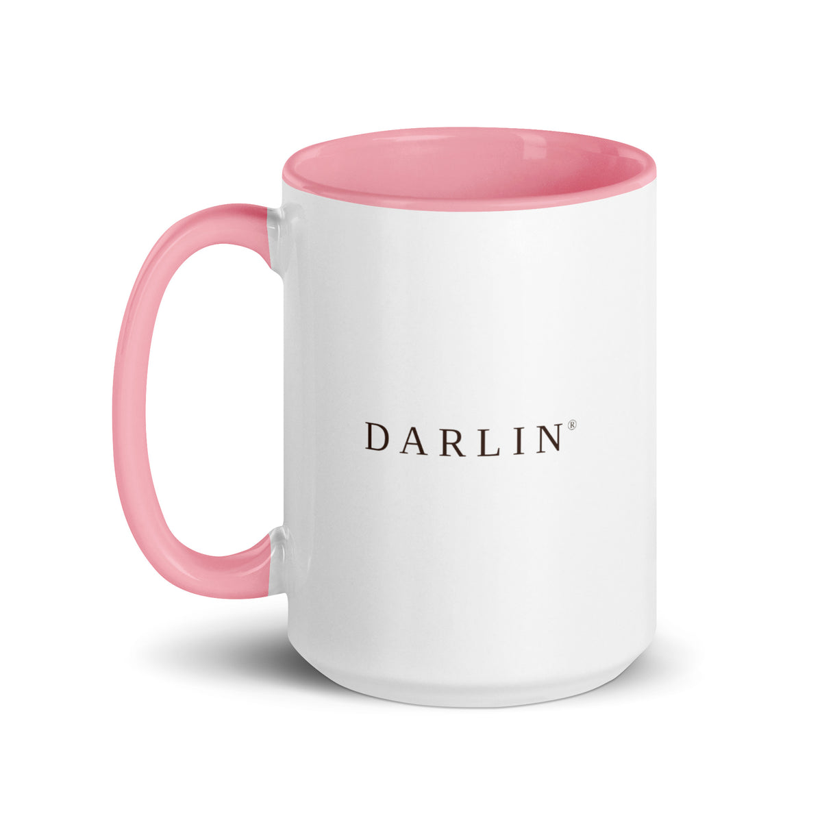 DARLIN® 15 oz white ceramic mug with pink interior, rim and handle