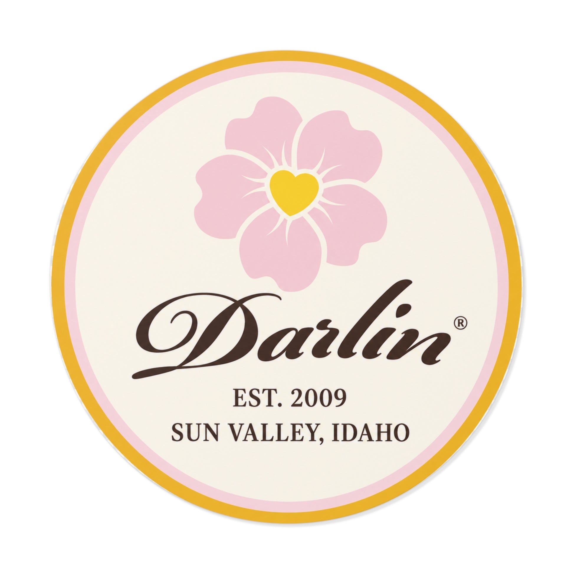DARLIN® Script Heritage Sticker with original script mark, Primrose flower, EST. 2009 and Sun Valley, Idaho 