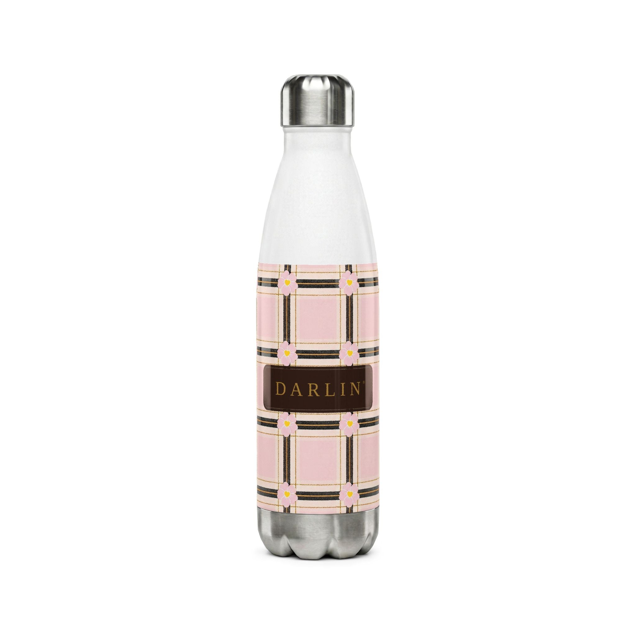 The DARLIN® Primrose Plaid 17 oz stainless steel water bottle in pink, cream, black and antique gold