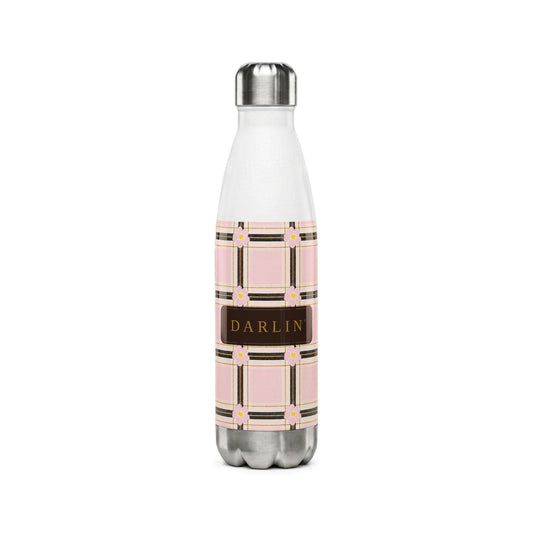 The DARLIN® Primrose Plaid 17 oz stainless steel water bottle in pink, cream, black and antique gold