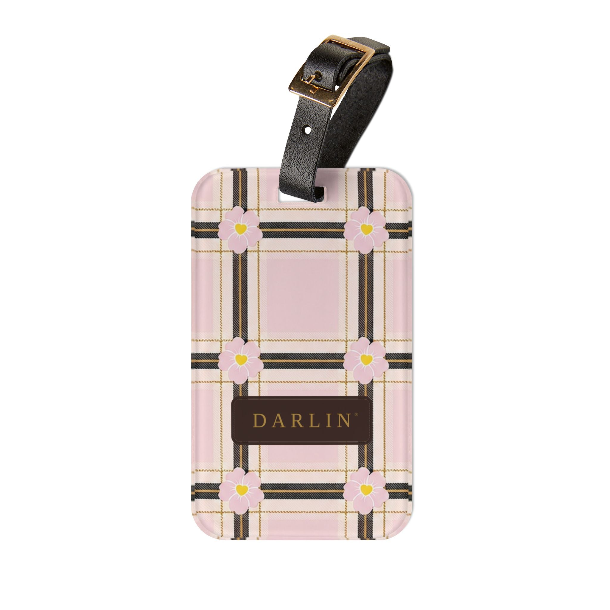 DARLIN® Primrose Plaid luggage tag with pink and cream plaid, primrose flowers and chocolate-and-gold DARLIN® emblem