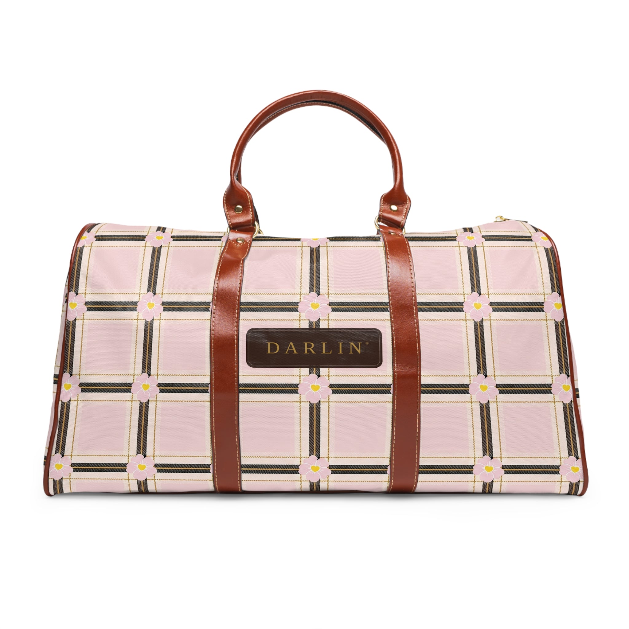 DARLIN® Primrose Plaid Weekender bag in pink, cream, black and antique gold with chocolate DARLIN® emblem 