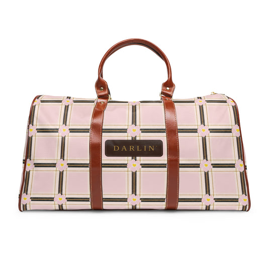 DARLIN® Primrose Plaid Weekender bag in pink, cream, black and antique gold with chocolate DARLIN® emblem 