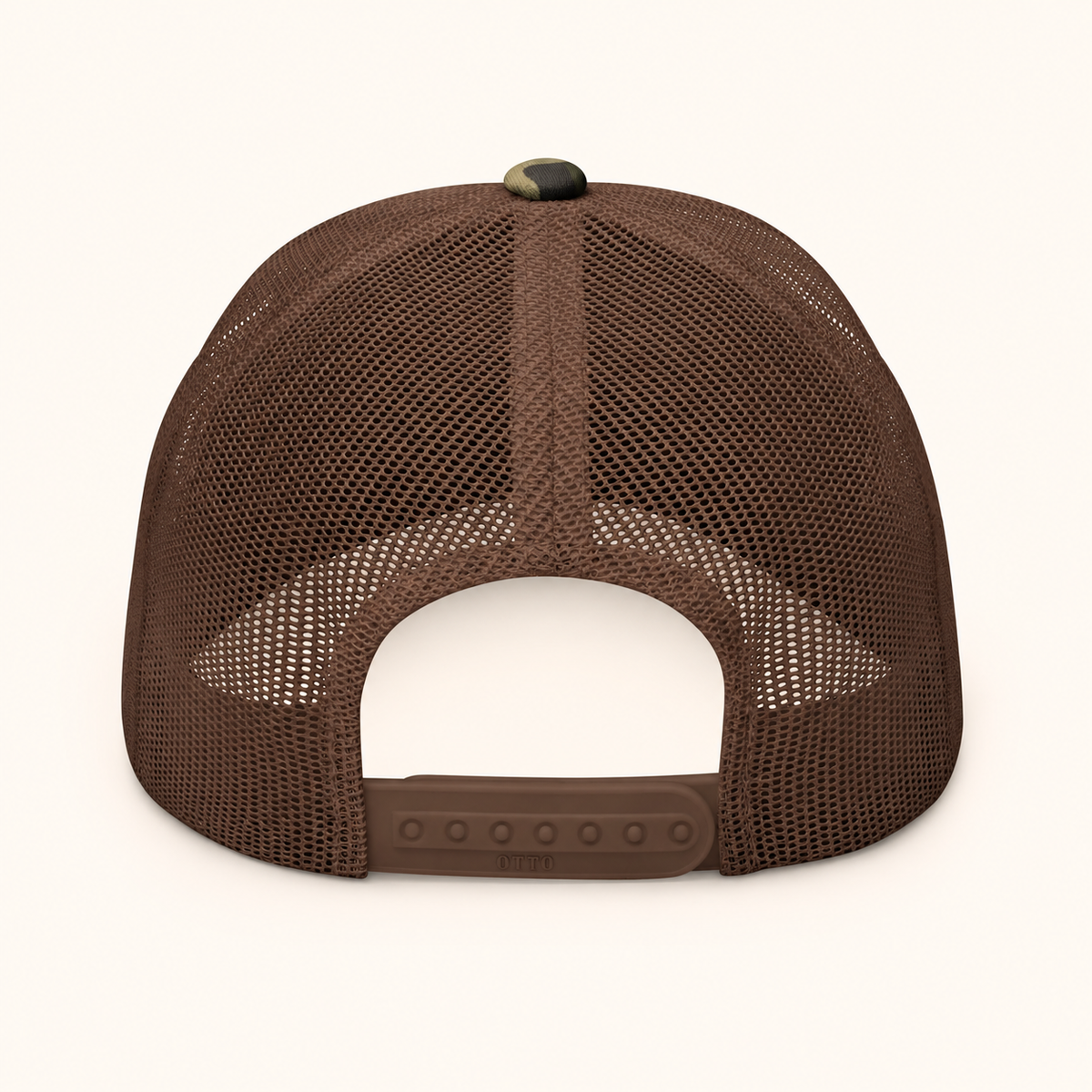 Back view of DARLIN® pink embroidery camo trucker hat with brown mesh and adjustable snapback closure