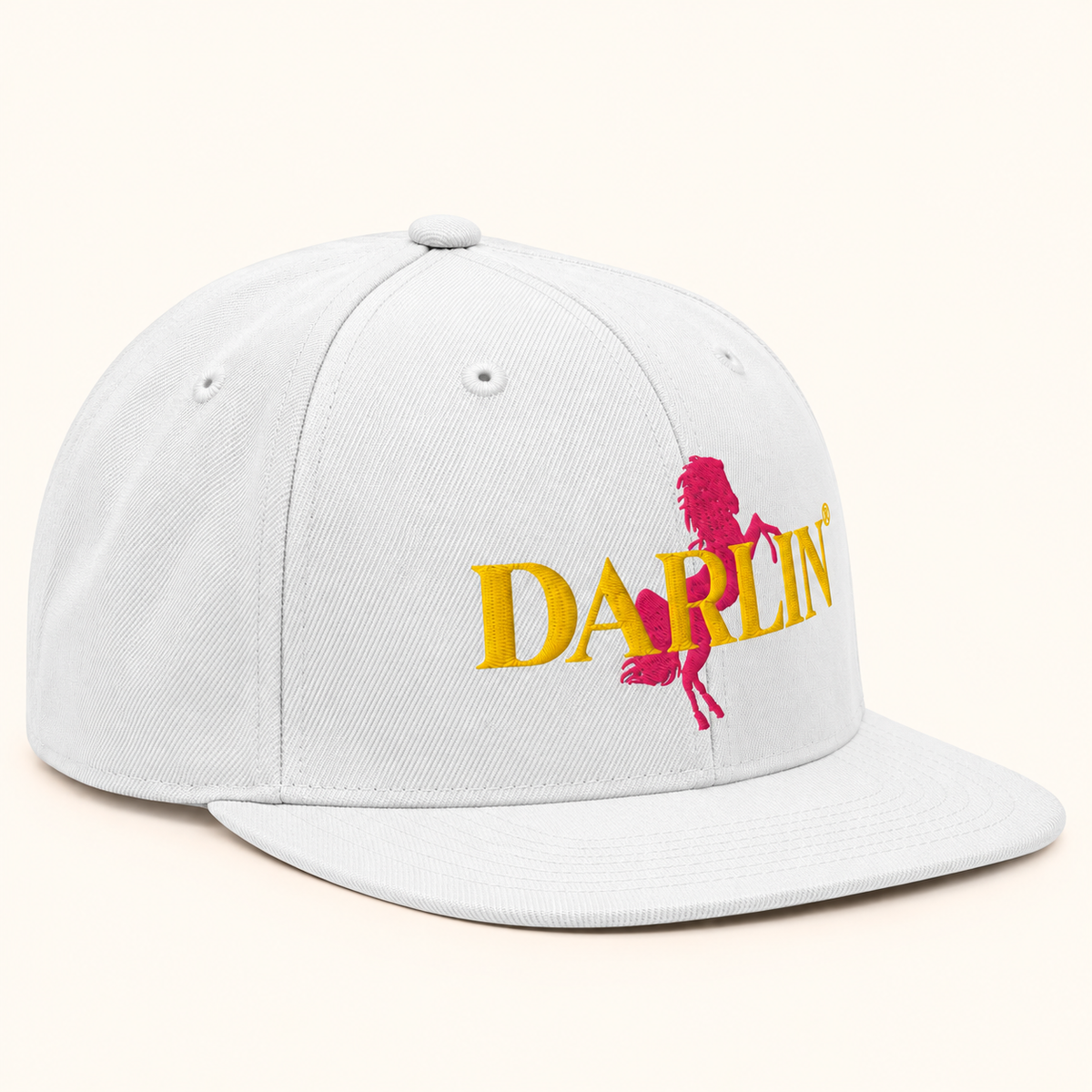 Alternate view of white DARLIN® RIDE snapback hat with pink horse embroidery and gold DARLIN® wordmark
