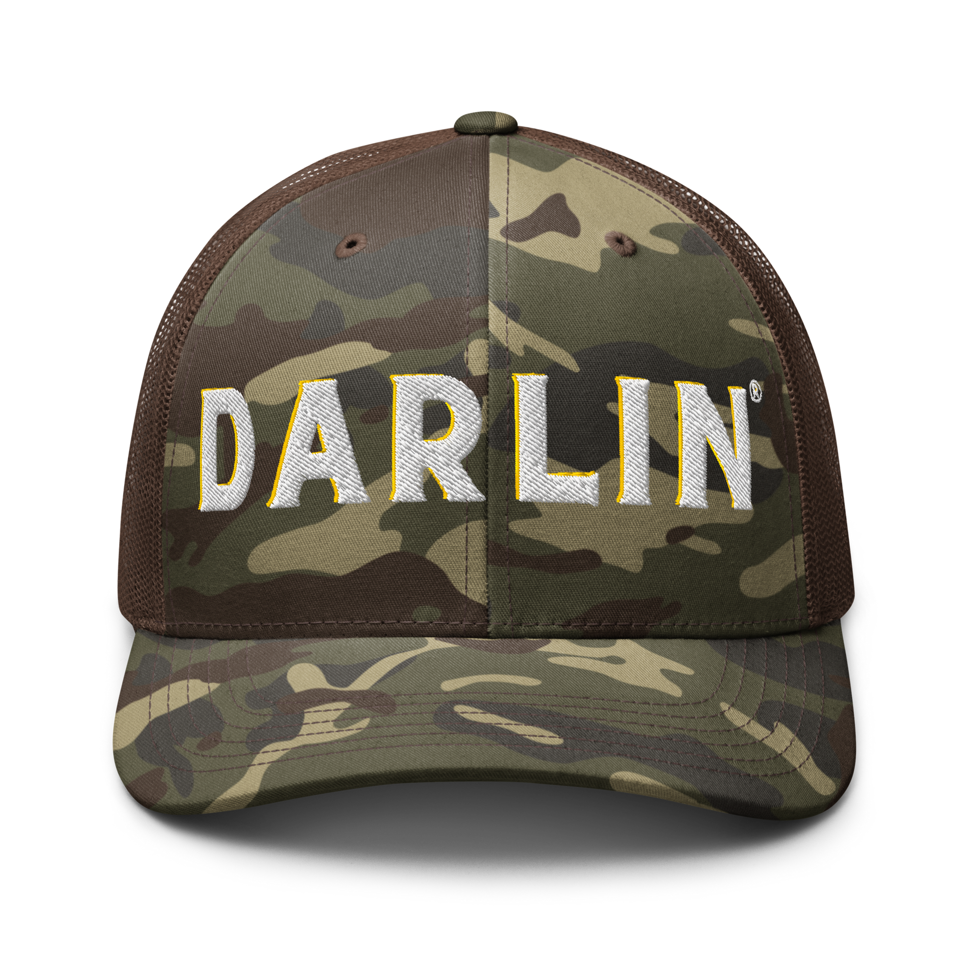 Darlin® Camouflage Trucker Hat Front View with Signature Logo  
