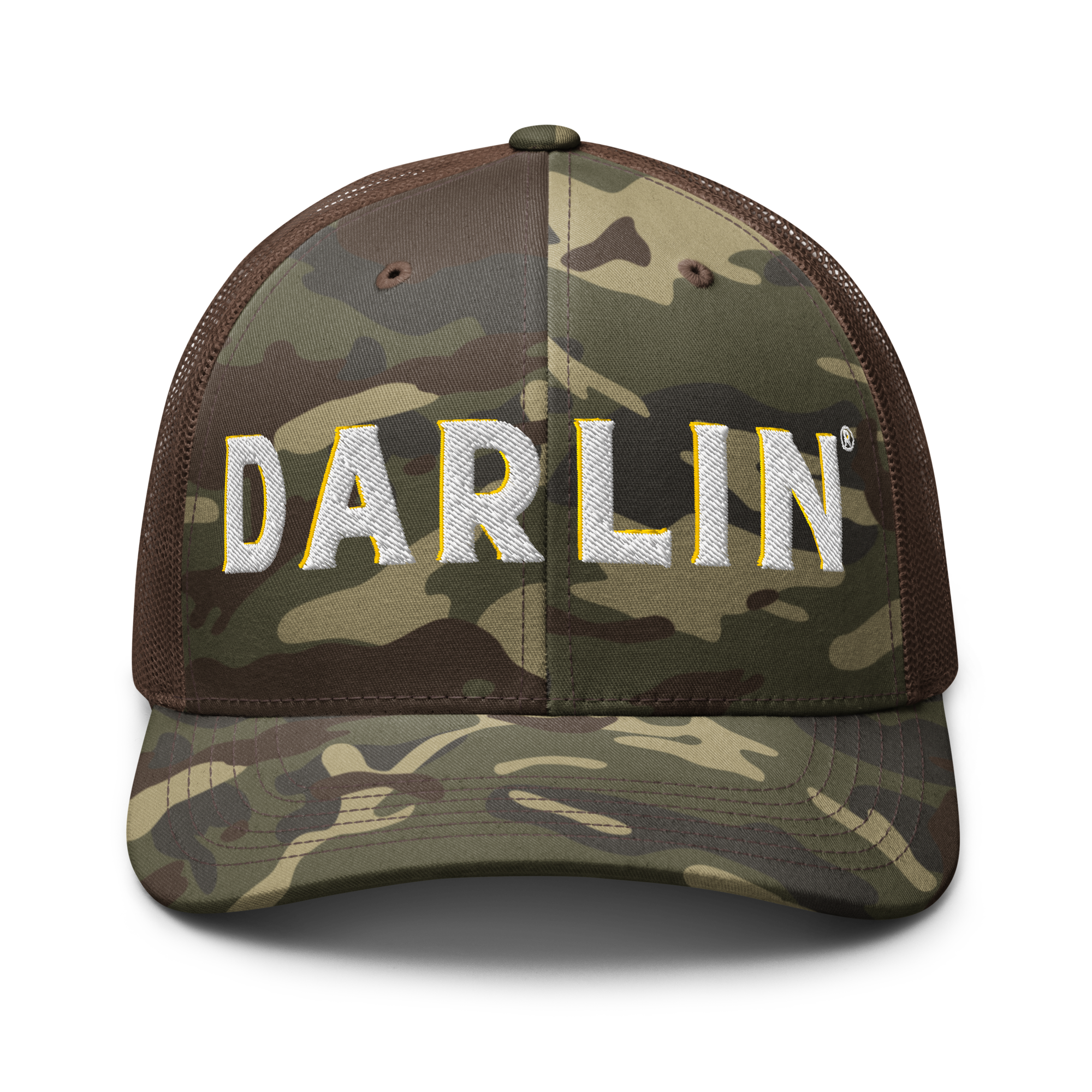 DARLIN® Camo Trucker Hat front view with embroidered logo
