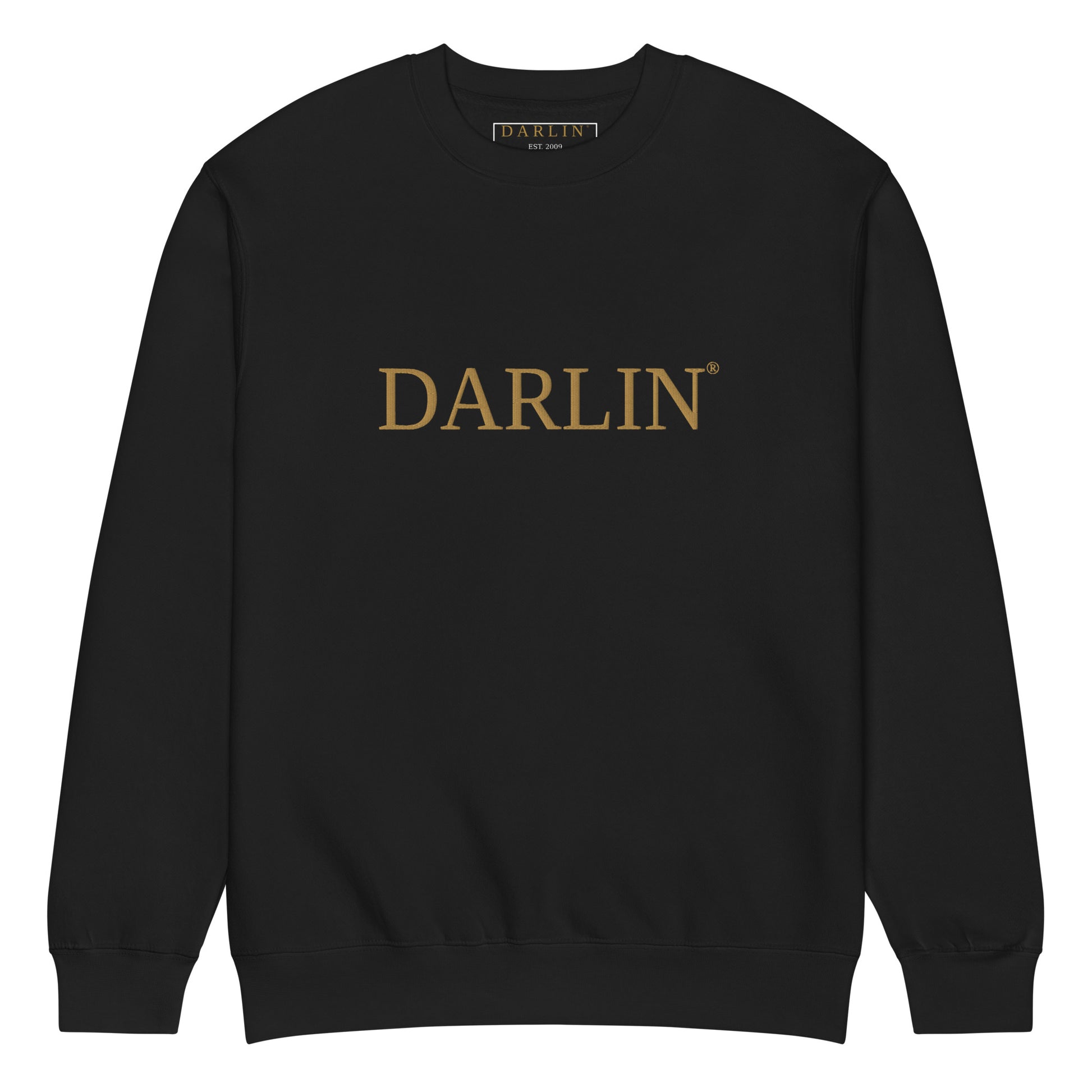 The DARLIN® Crew in Black crafted from premium 3-end fleece with embroidered DARLIN® wordmark