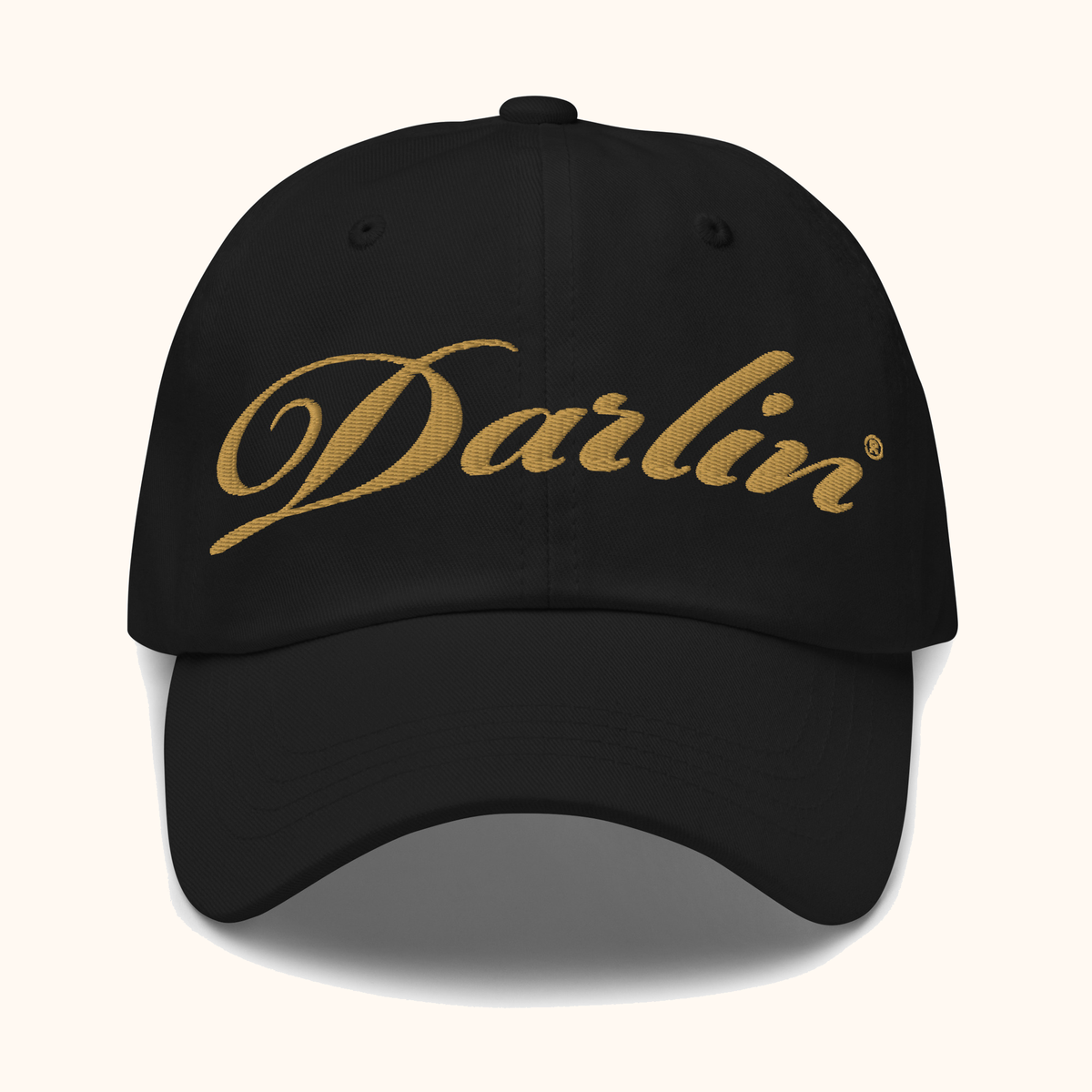 DARLIN® Original Script Black Hat with Old Gold embroidery – front view