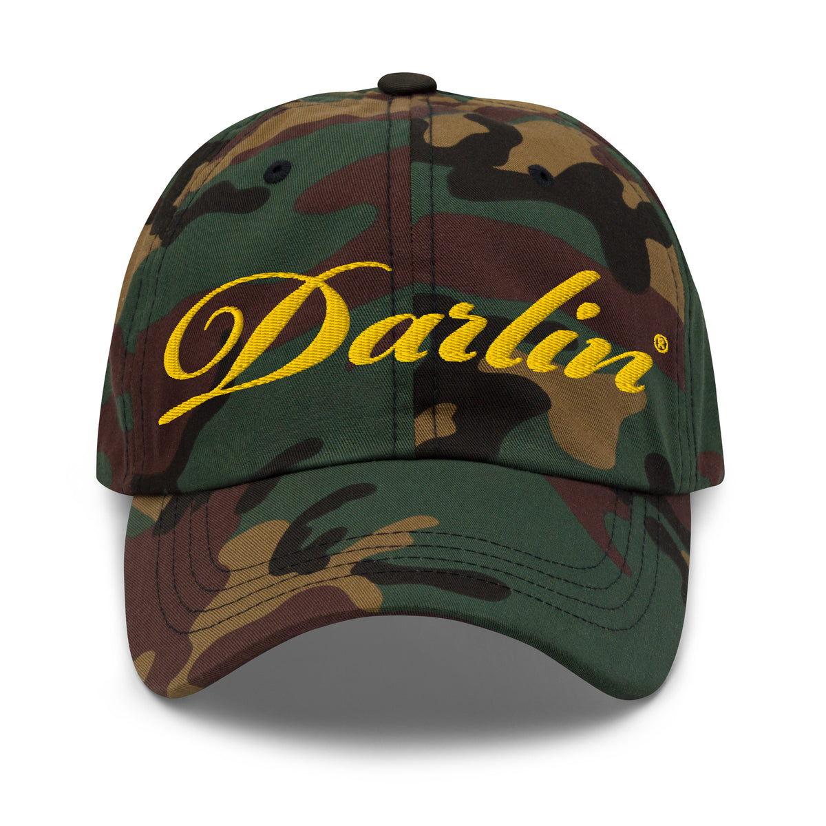 DARLIN® Original Script Camo Hat with vintage gold embroidery