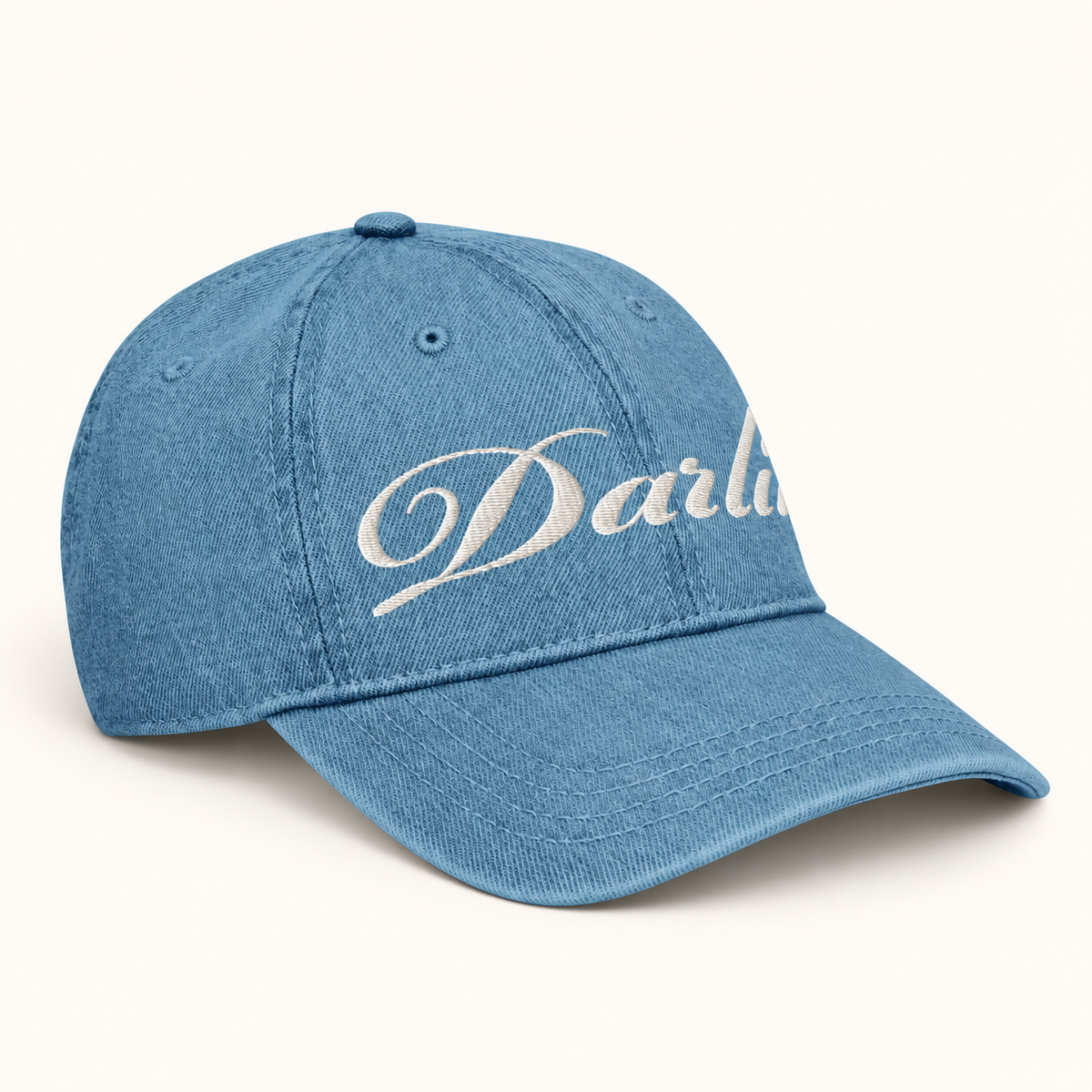 DARLIN® Original Script Denim Hat with cream embroidery – angled view