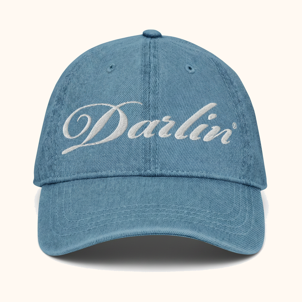 DARLIN® Original Script Denim Hat with cream embroidery – front view