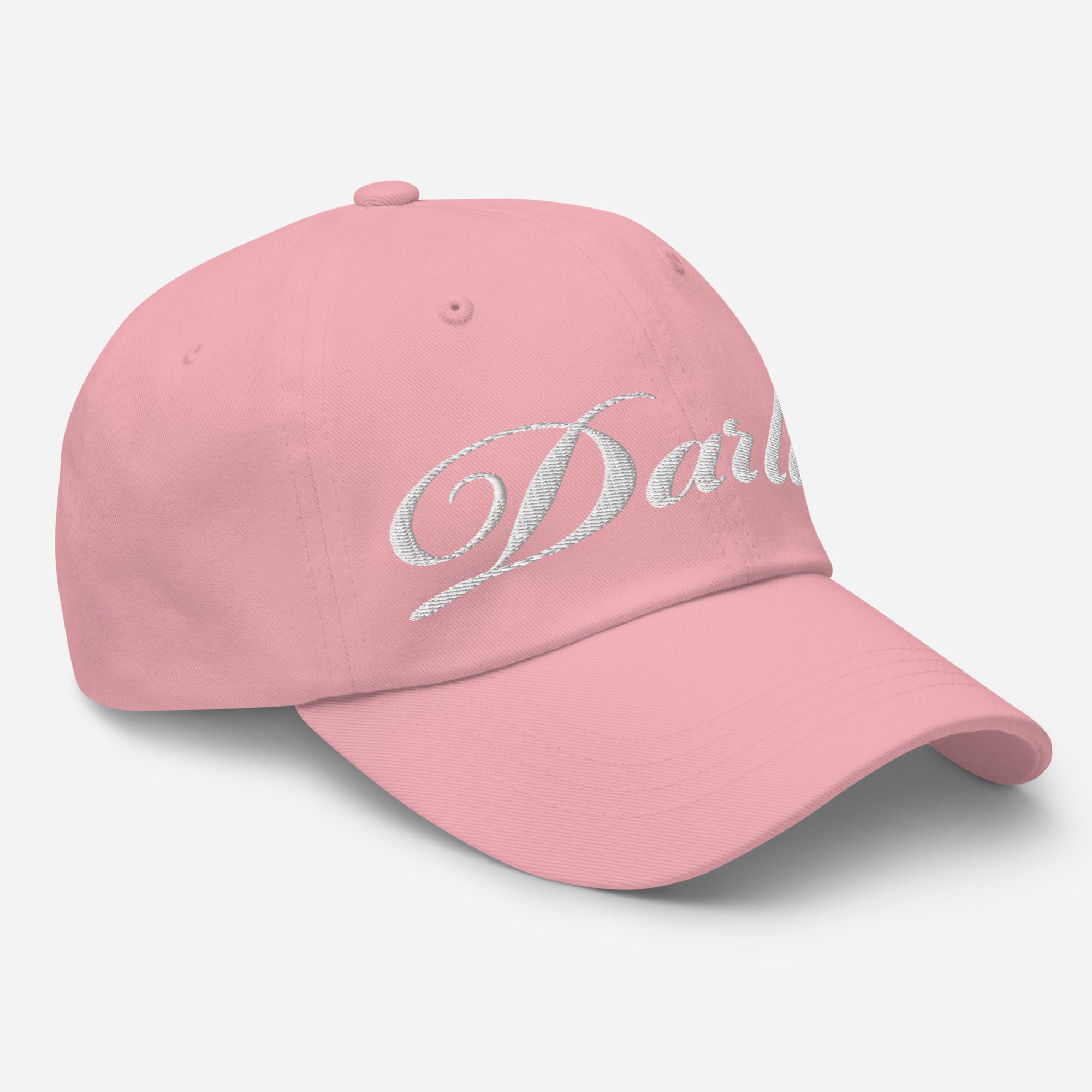 DARLIN® Original Script Pink Hat with white embroidery – angled view
