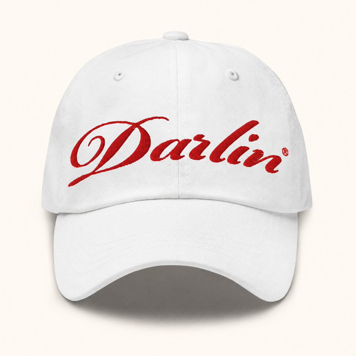 DARLIN® Original Script White Hat with red embroidery – front view