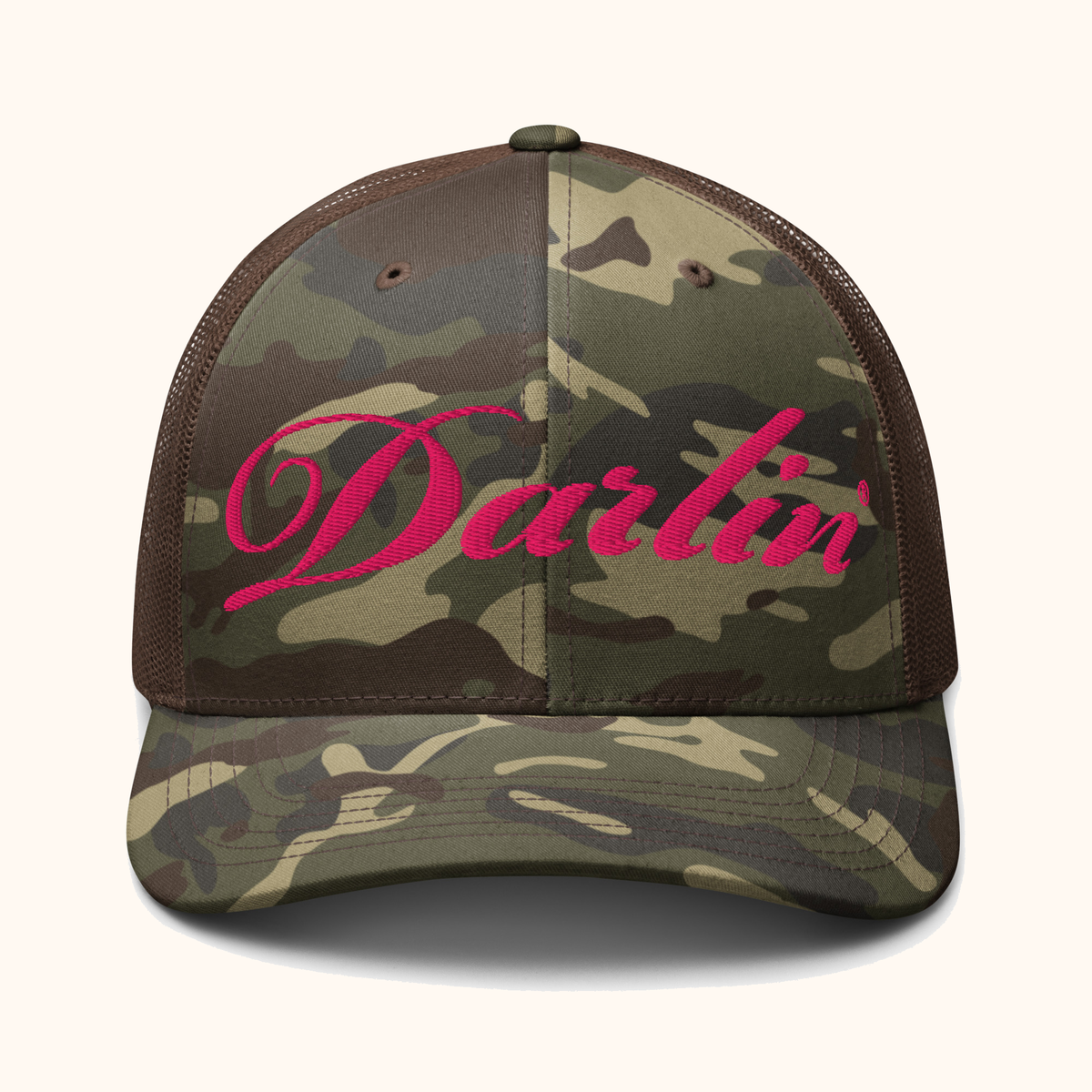DARLIN® Pink Embroidery Camo Trucker Hat with pink script embroidery – front view