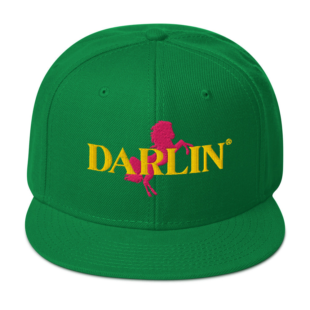Green DARLIN® Ride Snapback Hat with gold DARLIN® embroidery and pink horse