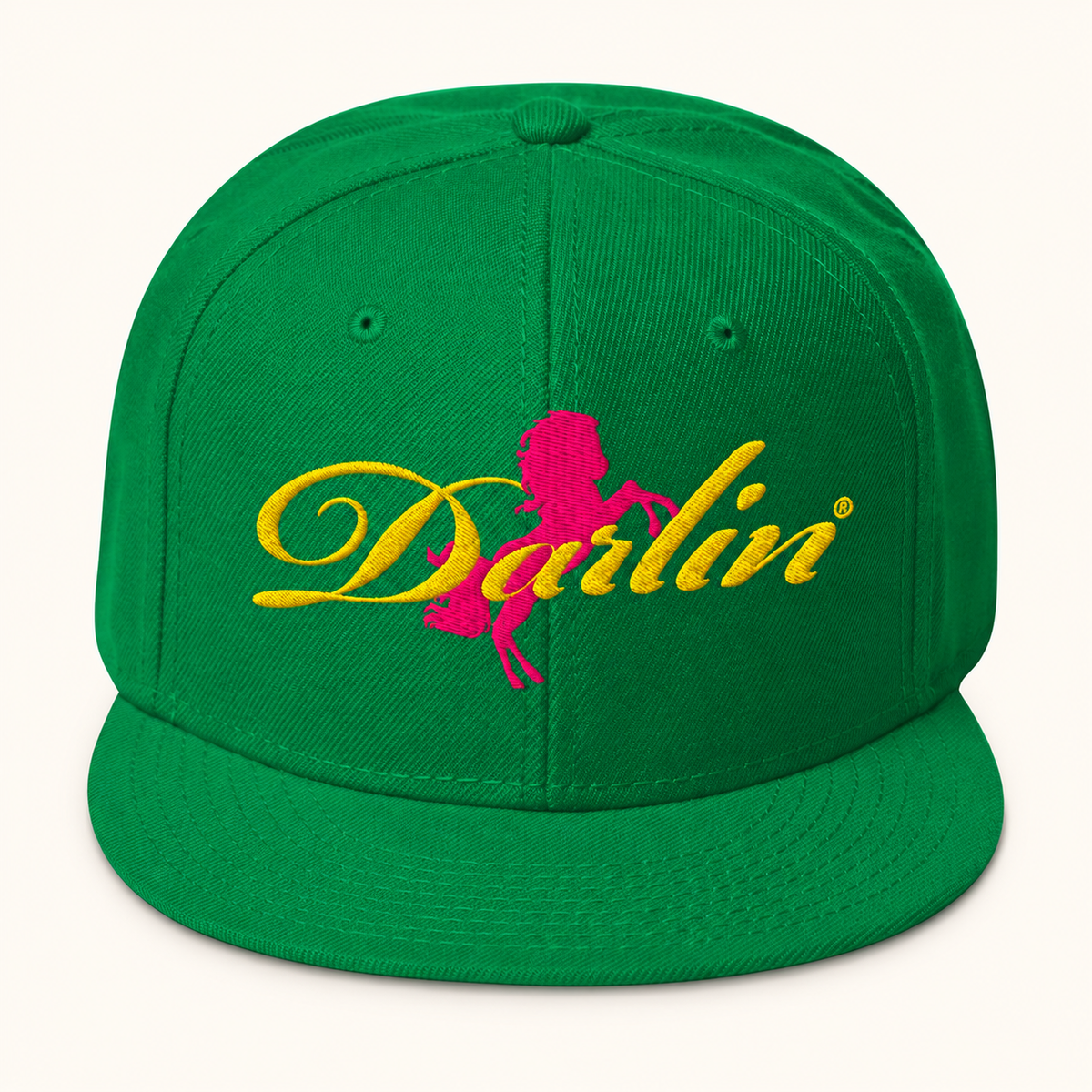 DARLIN® Ride Snapback Hat in Kelly Green with yellow script and pink pony embroidery – front view