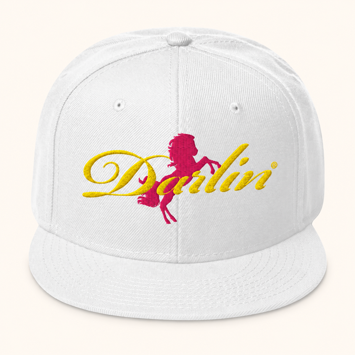DARLIN® Ride Snapback Hat in white with yellow script and pink pony embroidery – front view