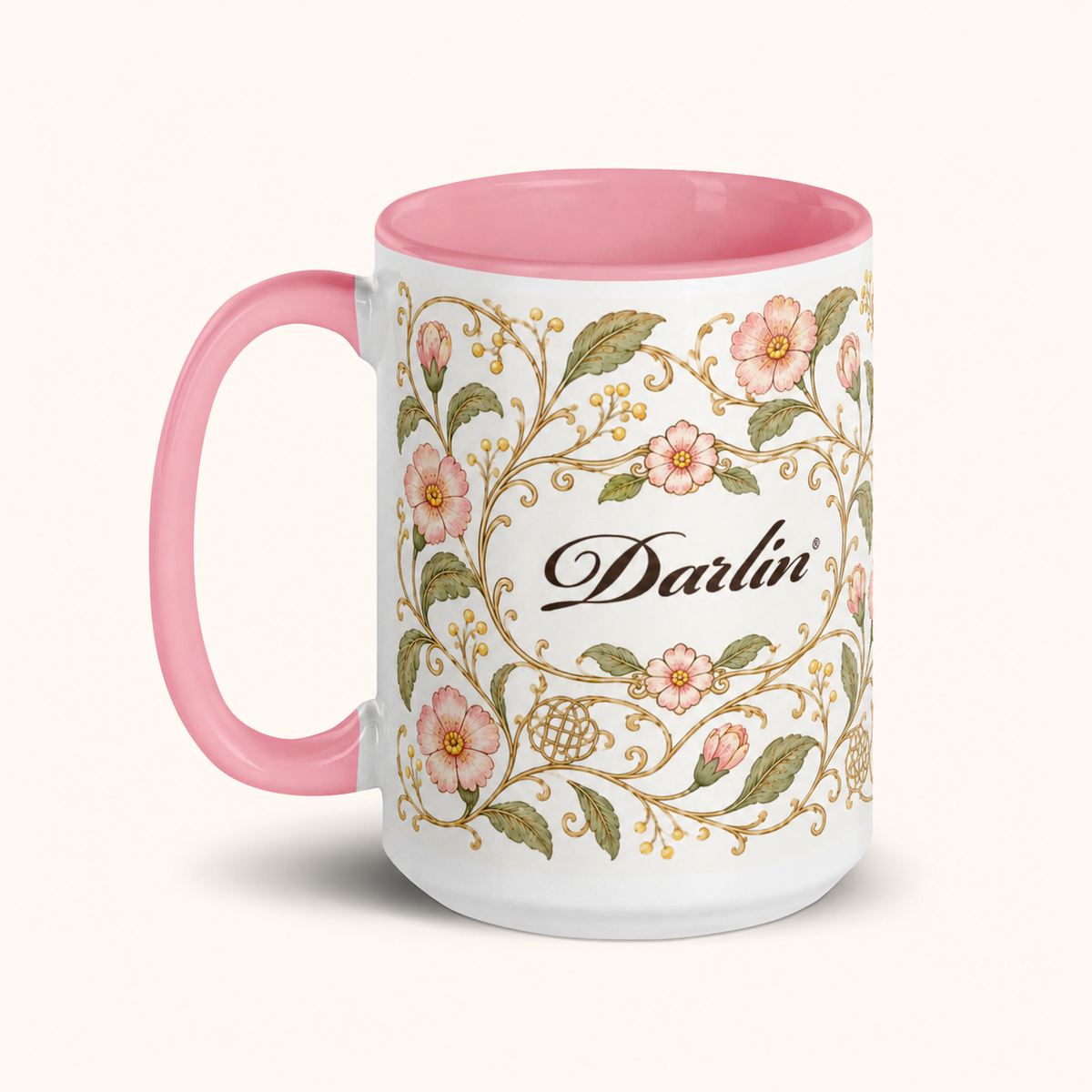 DARLIN® 15 oz vintage floral ceramic mug with pink interior and handle