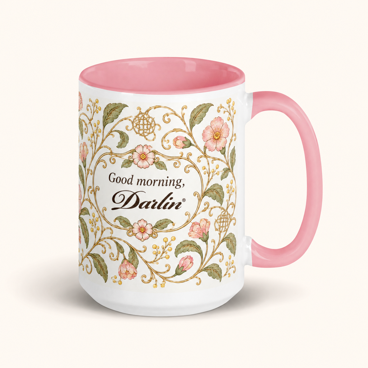 GOOD MORNING, DARLIN® 15 oz vintage floral mug with pink interior and handle