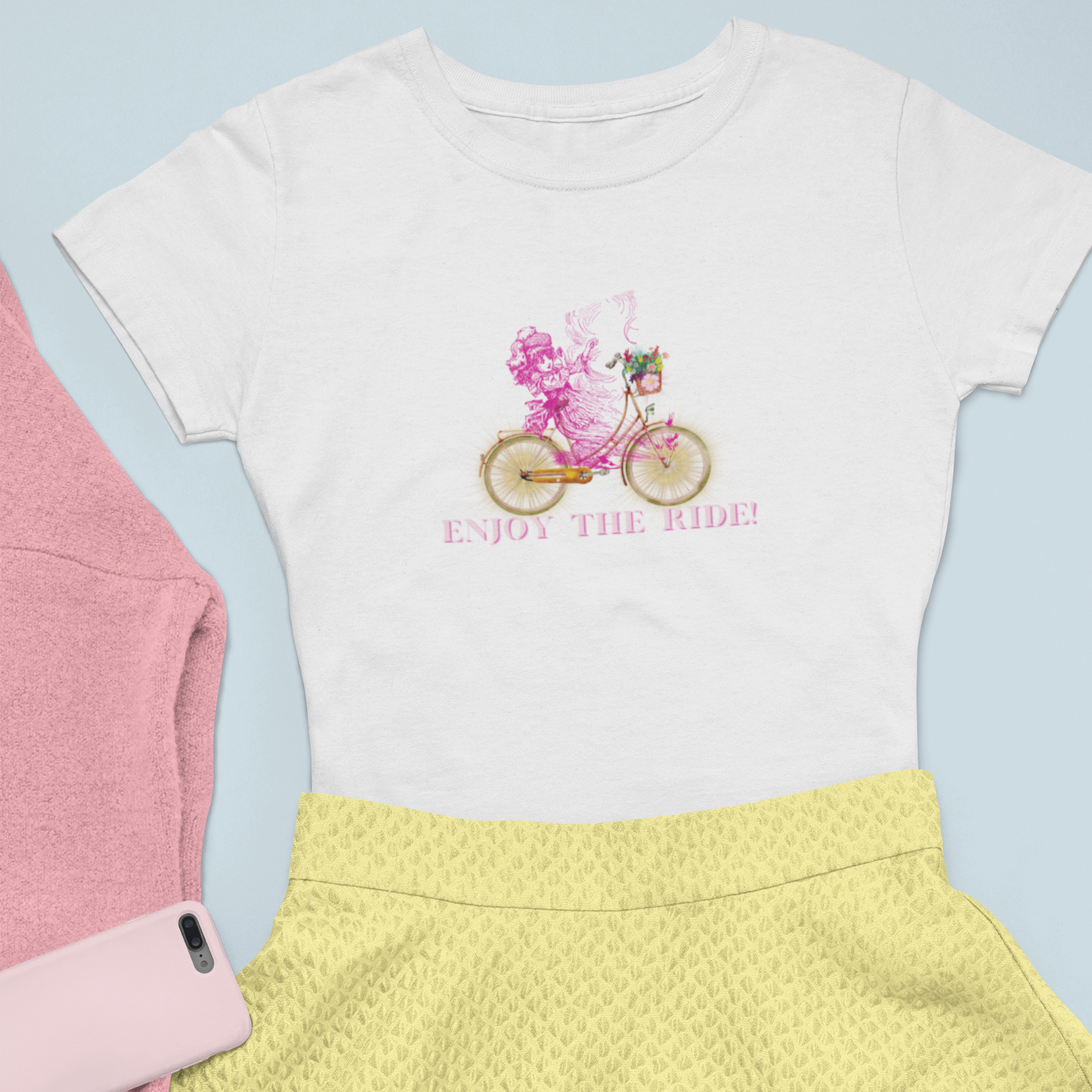 Enjoy the RIDE! White Tee w Dark Pink Detail - Darlin Primrose