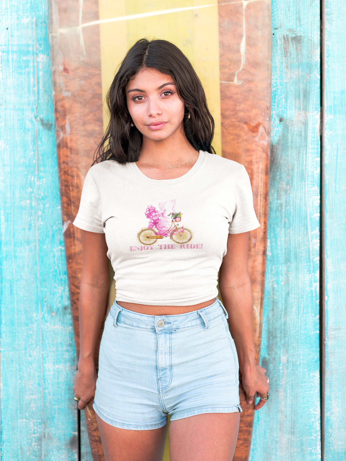 Enjoy the RIDE! White Tee w Dark Pink Detail - Darlin Primrose