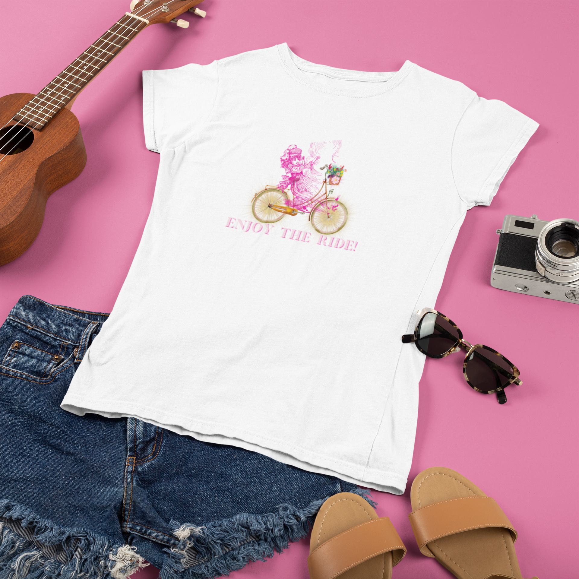 Enjoy the RIDE! White Tee w Dark Pink Detail - Darlin Primrose