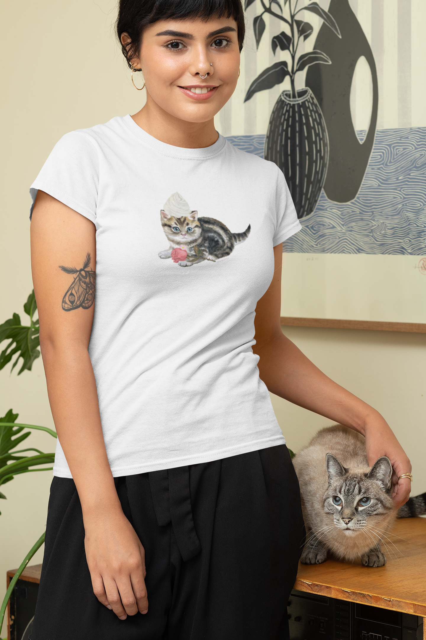 Whipped Cream on Kitten W Pink Rose- Woman's Softstyle Tee- Darlin Primrose™